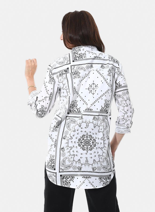 Andora Self Pattern High-Low Shirt_White & Black - Image 3