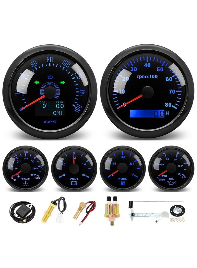 MH 6 Boat AUTO Gauge Set - 3-3/8" GPS Speedometer, Tachometer, 2-1/16" Oil Pressure, Fuel Level, Water Temperature, Voltmeter Marine Meter Kit Waterproof 7 Color (Black) - Image 1