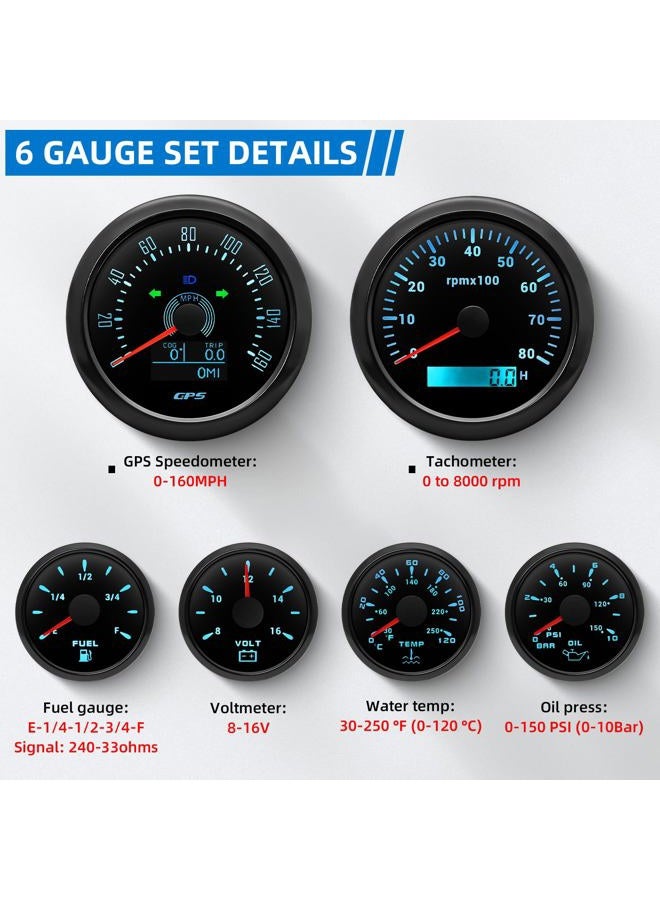 MH 6 Boat AUTO Gauge Set - 3-3/8" GPS Speedometer, Tachometer, 2-1/16" Oil Pressure, Fuel Level, Water Temperature, Voltmeter Marine Meter Kit Waterproof 7 Color (Black) - Image 2