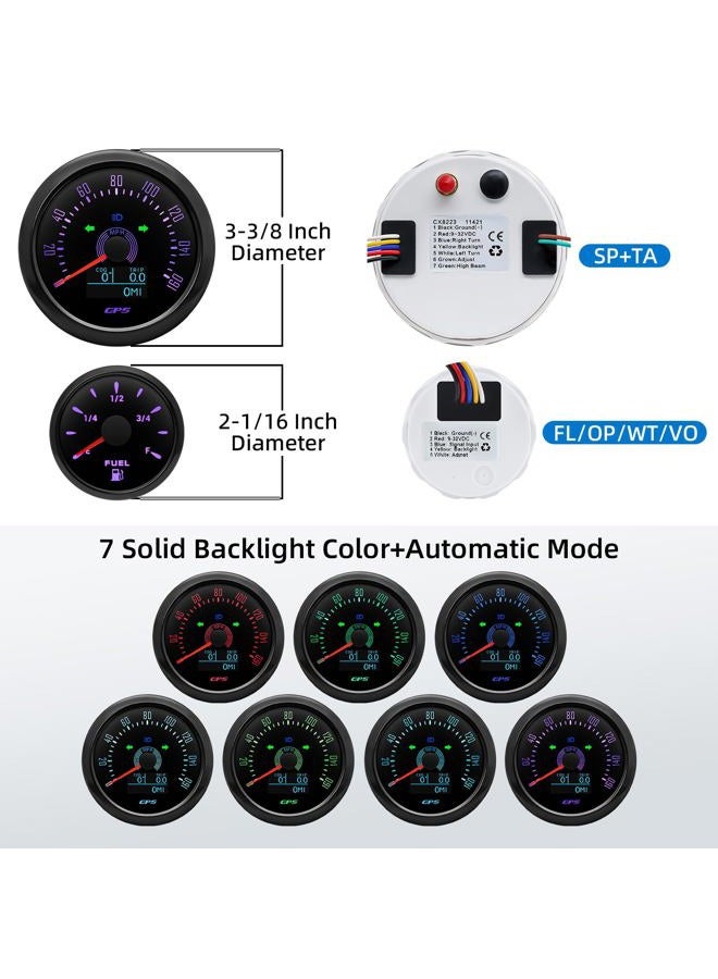 MH 6 Boat AUTO Gauge Set - 3-3/8" GPS Speedometer, Tachometer, 2-1/16" Oil Pressure, Fuel Level, Water Temperature, Voltmeter Marine Meter Kit Waterproof 7 Color (Black) - Image 5