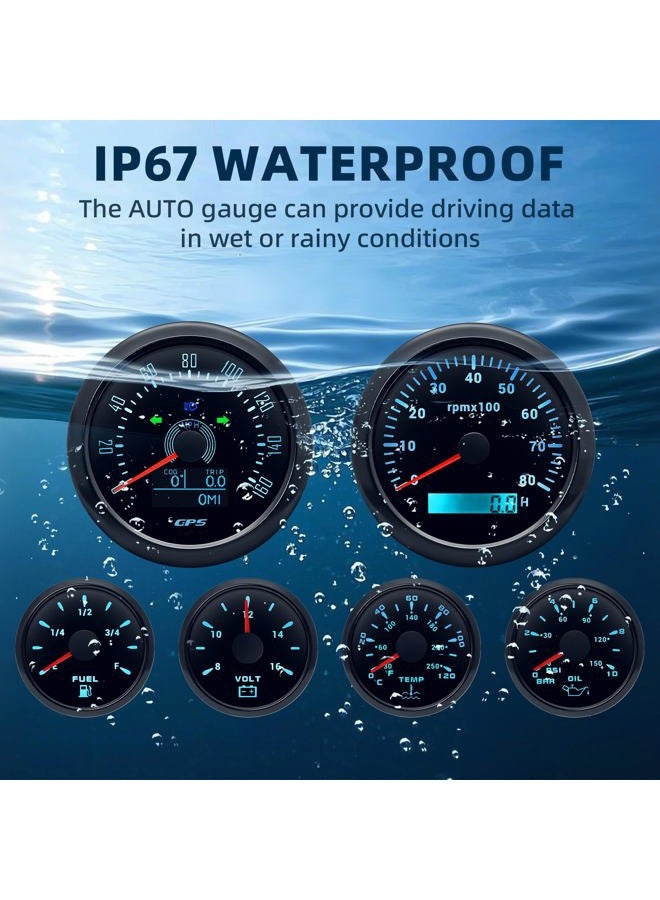 MH 6 Boat AUTO Gauge Set - 3-3/8" GPS Speedometer, Tachometer, 2-1/16" Oil Pressure, Fuel Level, Water Temperature, Voltmeter Marine Meter Kit Waterproof 7 Color (Black) - Image 3