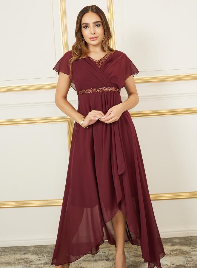 Styli Sequin Pleated Detail Asymmetric Hem Maxi Dress - Image 2