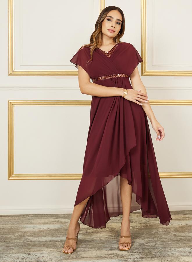 Styli Sequin Pleated Detail Asymmetric Hem Maxi Dress - Image 1