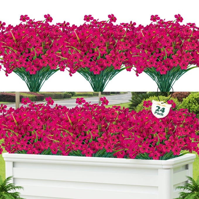 24 PCS ARTIFICIAL FLOWERS FOR OUTDOORPLASTIC FLOWERS DECORATION UV RESISTANT FAUX FLOWERS SHRUBS ARTIFICIAL PLANTS FOR INDOOR OUTSIDE GARDEN HOME WEDDING FARMHOUSEROSE RED