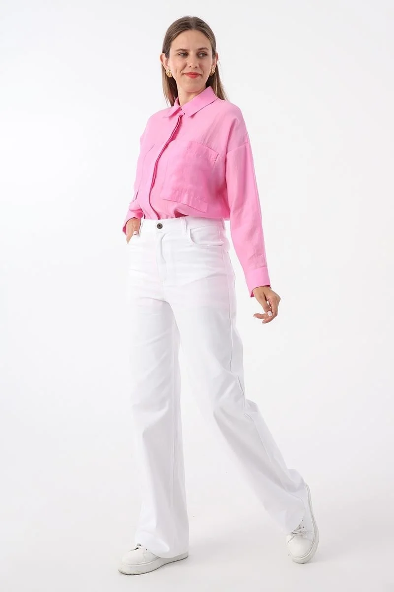 Allday White-Cotton High Waist Wide Leg Lycra Trousers
