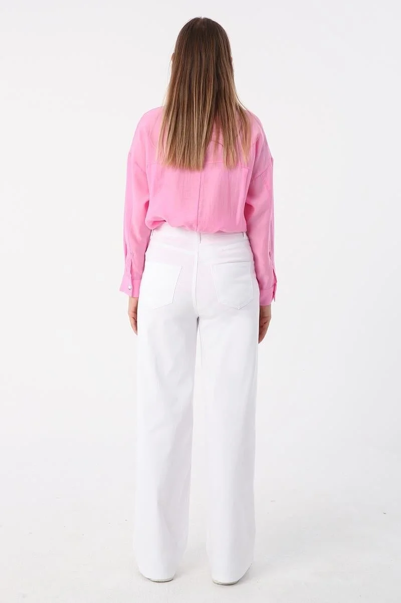 Allday White-Cotton High Waist Wide Leg Lycra Trousers