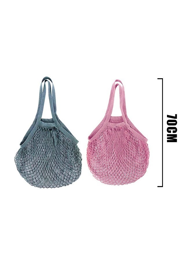 Generic - 2 Pcs Portable Reusable Grocery Bags, Washable Cotton Mesh String Shopping Handbag, Fruit And Vegetable Long Handle Net Tote String Organic Organizer (Pink+Blue) - Image 1