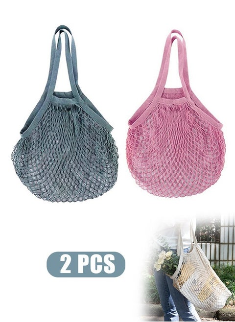 2 Pcs Portable Reusable Grocery Bags, Washable Cotton Mesh String Shopping Handbag, Fruit And Vegetable Long Handle Net Tote String Organic Organizer (Pink+Blue)