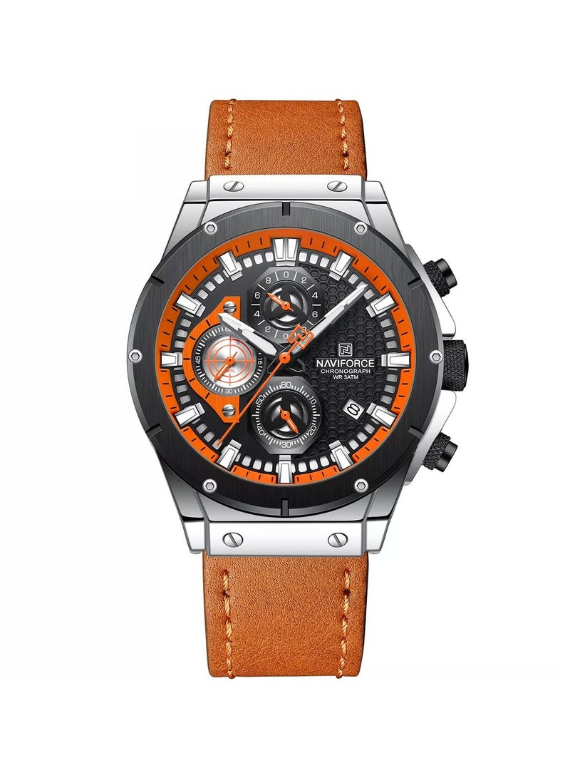 NAVIFORCE Men's Chronograph Sports Watch Black Dial with Orange Accents and Brown Leather Strap Stylish and Water Resistant  - Image 1
