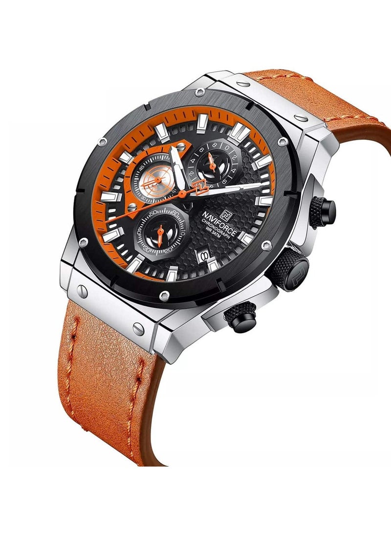 NAVIFORCE Men's Chronograph Sports Watch Black Dial with Orange Accents and Brown Leather Strap Stylish and Water Resistant  - Image 2