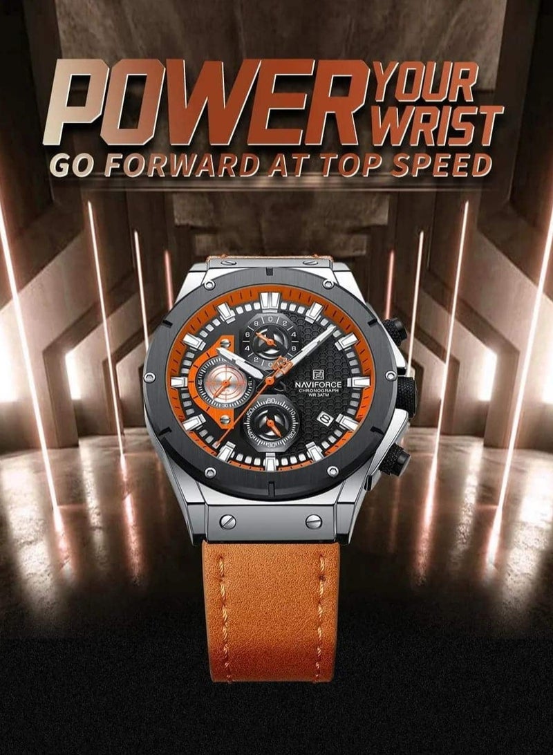 NAVIFORCE Men's Chronograph Sports Watch Black Dial with Orange Accents and Brown Leather Strap Stylish and Water Resistant  - Image 4