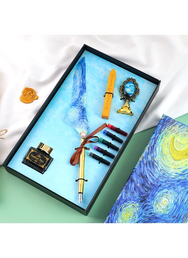 Generic - Feather Pen Set inspired by Van Gogh's Starry Night painting, Includes Feather Pen, 5 Replacement Ink Sac, Ink, Wax Seal Stamp, and Wax with Wick. Fancy Pen Luxury Oil Painting Gift Box Set. - Image 1