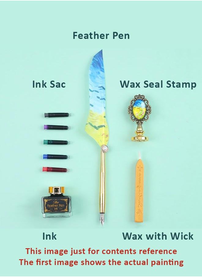 Generic - Feather Pen Set inspired by Van Gogh's Starry Night painting, Includes Feather Pen, 5 Replacement Ink Sac, Ink, Wax Seal Stamp, and Wax with Wick. Fancy Pen Luxury Oil Painting Gift Box Set. - Image 1