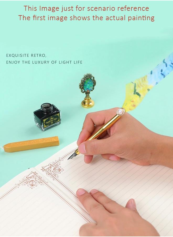 Generic - Feather Pen Set inspired by Van Gogh's Starry Night painting, Includes Feather Pen, 5 Replacement Ink Sac, Ink, Wax Seal Stamp, and Wax with Wick. Fancy Pen Luxury Oil Painting Gift Box Set. - Image 1