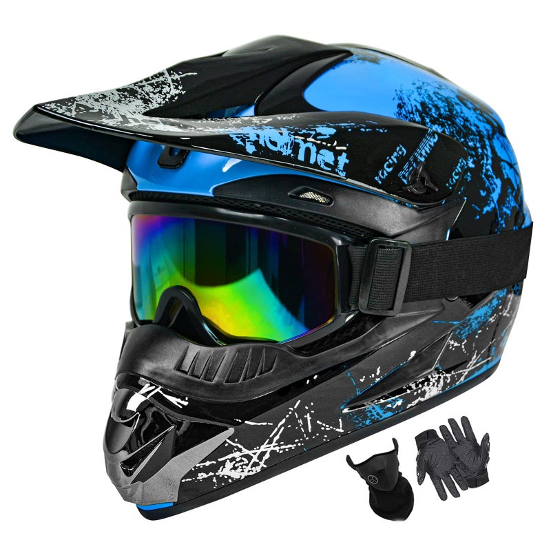 SanQing Dirt Bike Helmets Youth Motocross Motorcycle BMX ATV OffRoad Kids Four Wheeler Moutain Bike Helmets Dot Approved Goggles Gloves Faceshield Blue Small