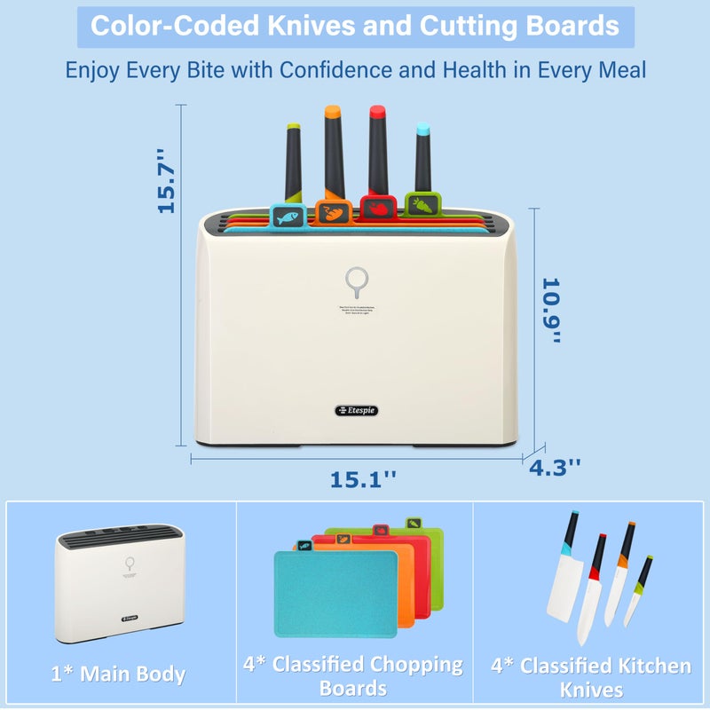 Etespie Smart Cutting Board and Knife Set,Self Cleaning Cutting Board and Knife Set with 4 Stainless Steel Knives,4 Color Coded Cutting Boards - Image 4
