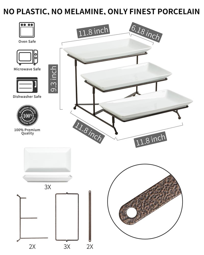 LAUCHUH صواني تقديم ثلاثية الطوابق للحفلات، صواني وأطباق تقديم من الخزف، حامل صواني متعدد الطوابق مقاس 12 بوصة، صينية فواكه، صواني لتقديم الطعام، حامل حلوى أبيض مع رف معدني قوي قابل للطي - Image 2