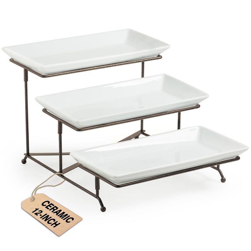 LAUCHUH صواني تقديم ثلاثية الطوابق للحفلات، صواني وأطباق تقديم من الخزف، حامل صواني متعدد الطوابق مقاس 12 بوصة، صينية فواكه، صواني لتقديم الطعام، حامل حلوى أبيض مع رف معدني قوي قابل للطي - Image 1