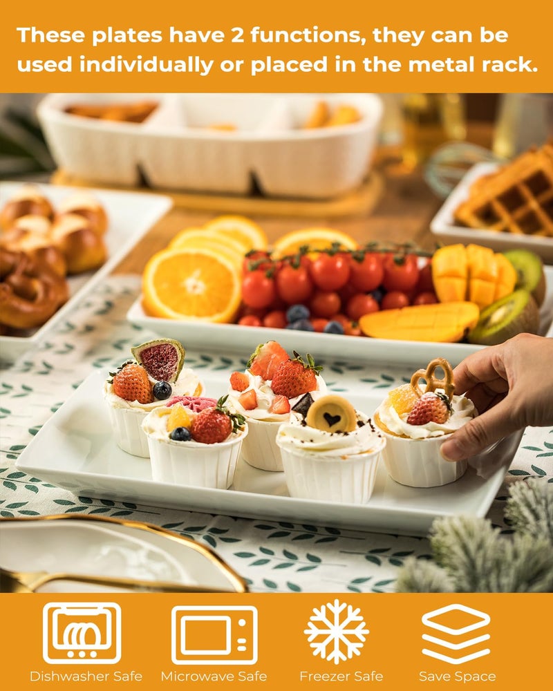 LAUCHUH صواني تقديم ثلاثية الطوابق للحفلات، صواني وأطباق تقديم من الخزف، حامل صواني متعدد الطوابق مقاس 12 بوصة، صينية فواكه، صواني لتقديم الطعام، حامل حلوى أبيض مع رف معدني قوي قابل للطي - Image 5