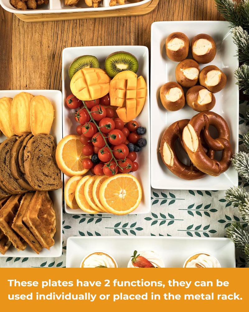 LAUCHUH صواني تقديم ثلاثية الطوابق للحفلات، صواني وأطباق تقديم من الخزف، حامل صواني متعدد الطوابق مقاس 12 بوصة، صينية فواكه، صواني لتقديم الطعام، حامل حلوى أبيض مع رف معدني قوي قابل للطي - Image 4