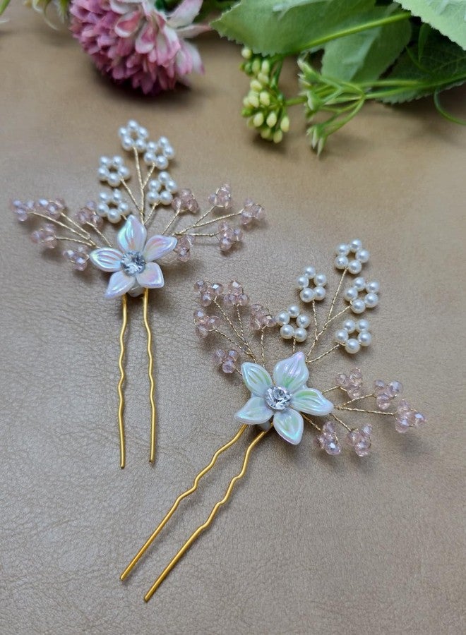Twinsho Bridal Pearl Hair Pins with Crystal Flowers, Iridescent White and Pink, Bridal Hair Accessories, Wedding Hair Pin set for women and girls - Image 2