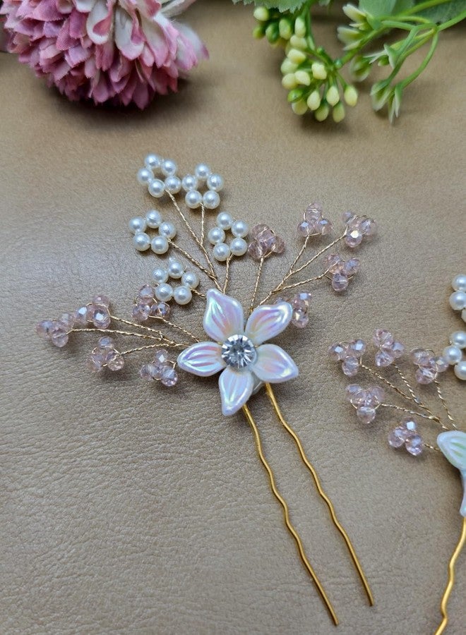Twinsho Bridal Pearl Hair Pins with Crystal Flowers, Iridescent White and Pink, Bridal Hair Accessories, Wedding Hair Pin set for women and girls - Image 3