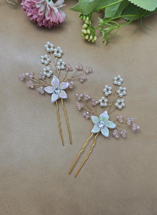Twinsho Bridal Pearl Hair Pins with Crystal Flowers, Iridescent White and Pink, Bridal Hair Accessories, Wedding Hair Pin set for women and girls - Image 1