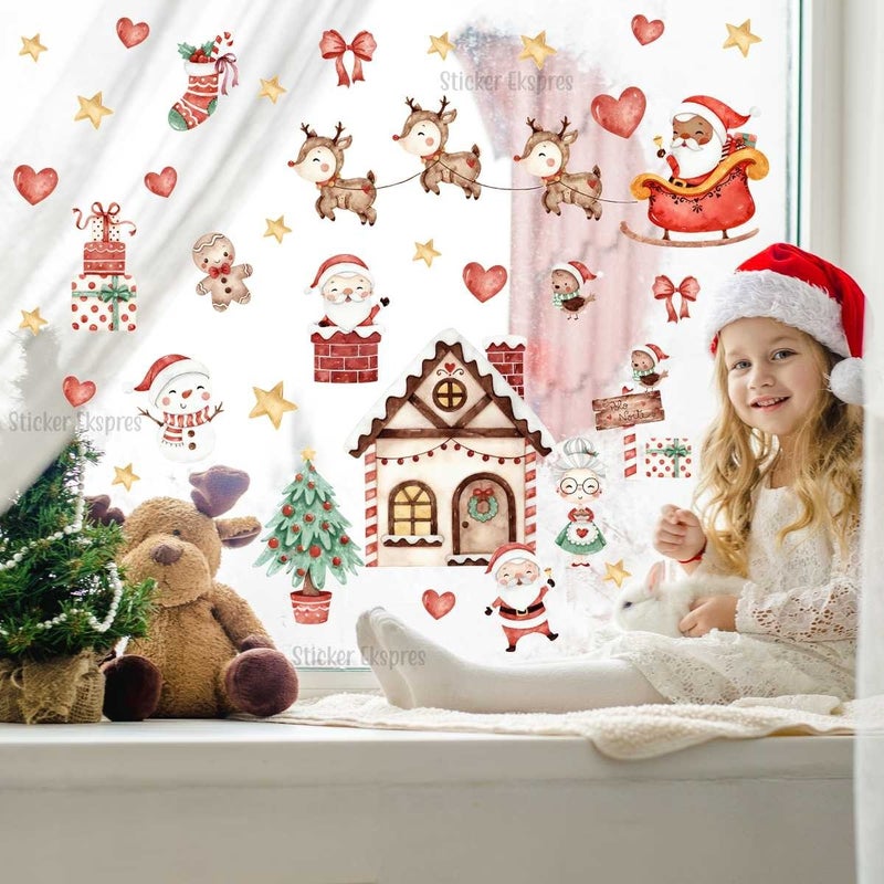 Sticker Ekspres Sticker Express Christmas Cute House Santa Claus Snowman and Winter Figures New Year Glass Wall Door Sticker Set  - Image 1