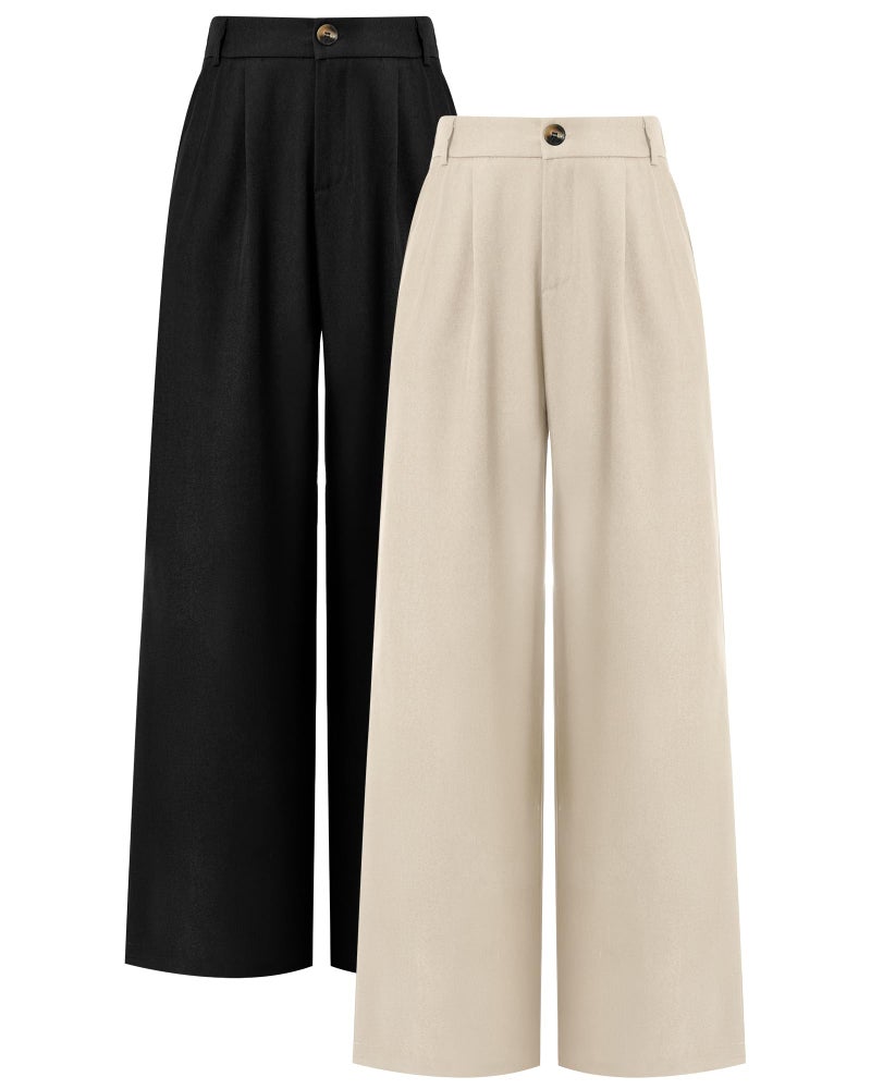 Coume 2 Pack Women Wide Leg Dress Pants High Waisted Business Casual Office Work Trousers Flowy Palazzo Pants with Pockets(Black/Beige,Large) - Image 1