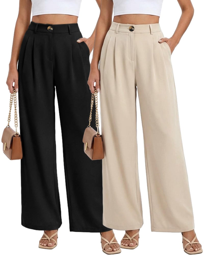 Coume 2 Pack Women Wide Leg Dress Pants High Waisted Business Casual Office Work Trousers Flowy Palazzo Pants with Pockets(Black/Beige,Large) - Image 2