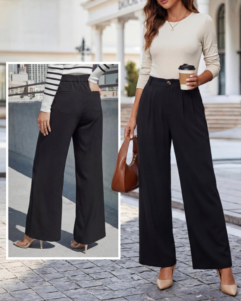 Coume 2 Pack Women Wide Leg Dress Pants High Waisted Business Casual Office Work Trousers Flowy Palazzo Pants with Pockets(Black/Beige,Large) - Image 4