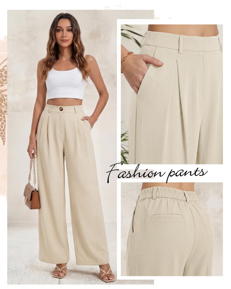 Coume 2 Pack Women Wide Leg Dress Pants High Waisted Business Casual Office Work Trousers Flowy Palazzo Pants with Pockets(Black/Beige,Large) - Image 5