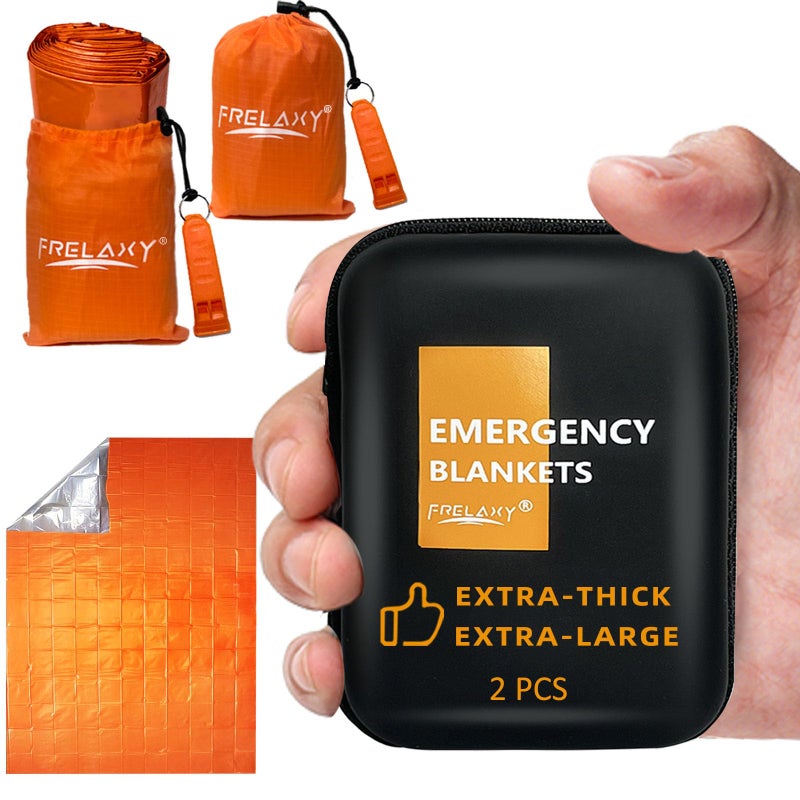 Frelaxy Emergency Blanket 2-Pack, Extra-Thick Extra-Large Space Blankets with Whistles, Storage Pouchs, and EVA case - Image 1