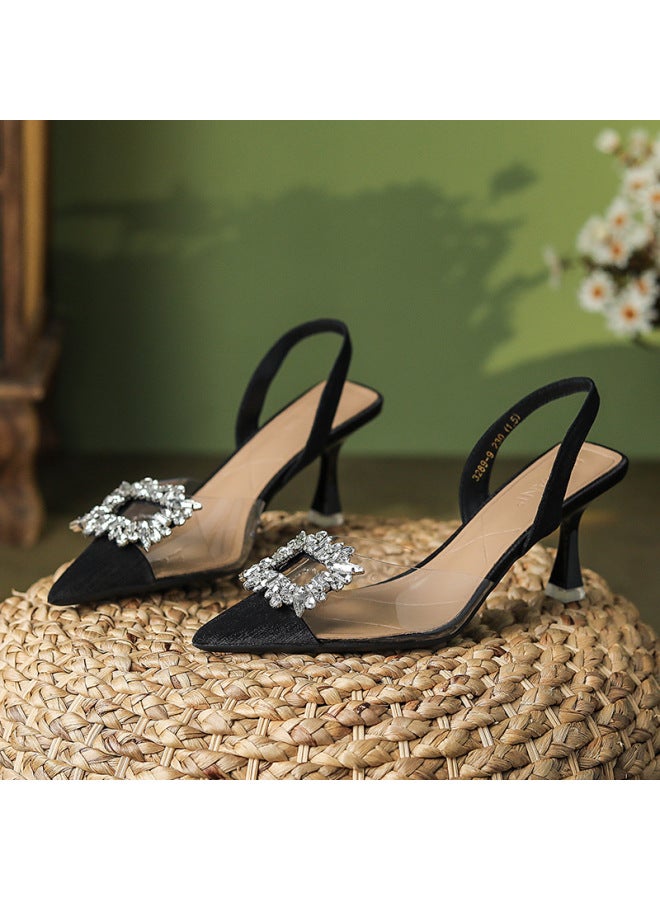 Source Customized Rhinestone Square Buckle High Heels Transparent Toe Sandals Women's Stiletto Pointed Toe 3289-9