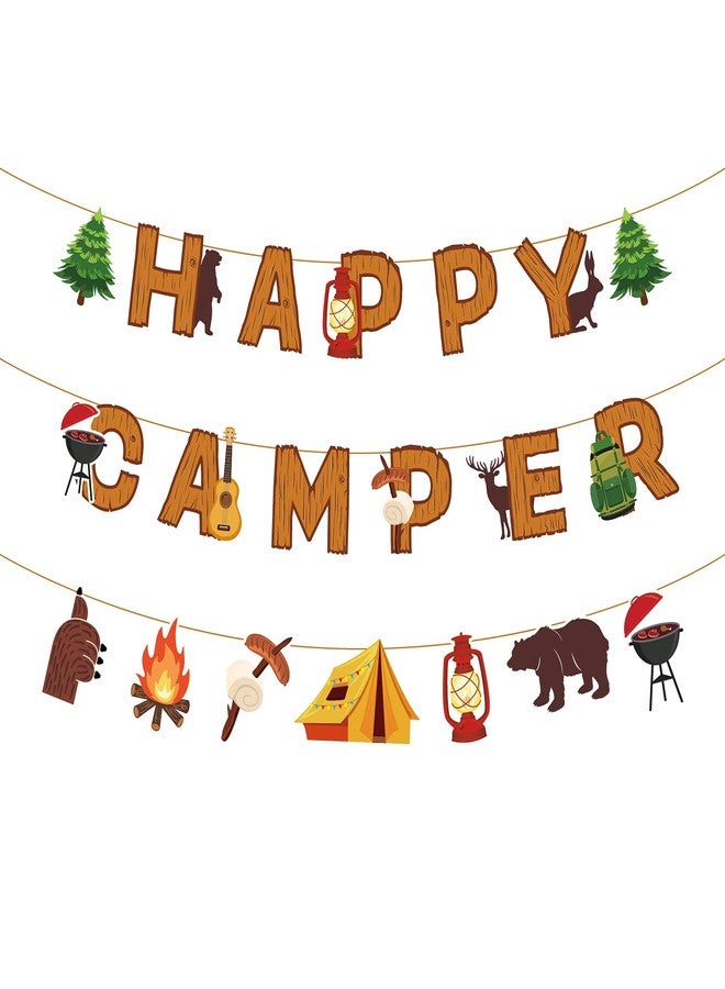 Lide Road Camping Party Banner Happy Camper Banner Fun House Banner with Campfire Tent Oil Lamp Adventure Camping Birthday Party Decorations - Image 1
