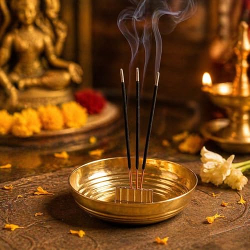 SACCH Pure Brass Agarbatti Stand with 5 Holes | 11.2cm Ash Catcher Tray | Mess-Free Incense Holder for Pooja & Gifting | Small Brass Pooja Accessories (Large ~50g, Pack of 1) - Image 1