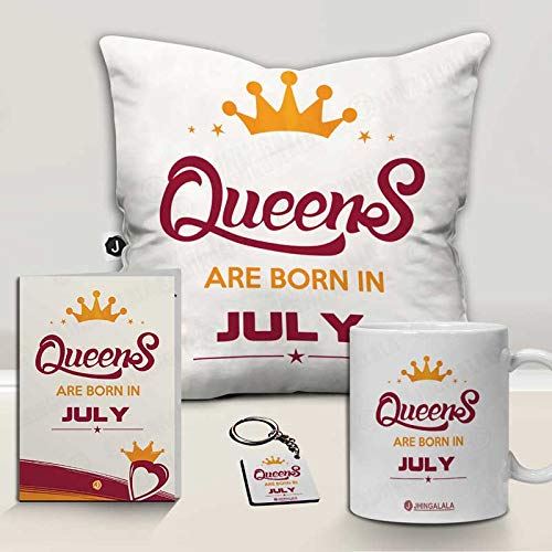 Jhingalala Jhingalala Queens are Born in July Printed Cushion Mug Key Chain Greeting Card Combo Gift Pack Gift for Girls Gift for Sister Gift for Wife Gift for Daughter Gift for Girlfriend