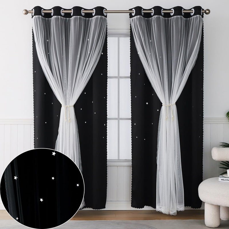 Ftinala Black Curtains for Bedroom - 63 Inch Length 1 Panel - Blackout Curtain Aesthetic Star Cutout - Double Layer with White Tulle - Kids Girls Room Decor Cute Nursery Drapes - Image 1