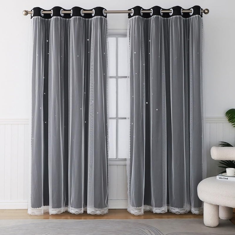 Ftinala Black Curtains for Bedroom - 63 Inch Length 1 Panel - Blackout Curtain Aesthetic Star Cutout - Double Layer with White Tulle - Kids Girls Room Decor Cute Nursery Drapes - Image 5