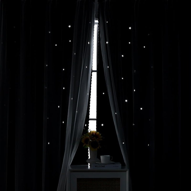 Ftinala Black Curtains for Bedroom - 63 Inch Length 1 Panel - Blackout Curtain Aesthetic Star Cutout - Double Layer with White Tulle - Kids Girls Room Decor Cute Nursery Drapes - Image 3