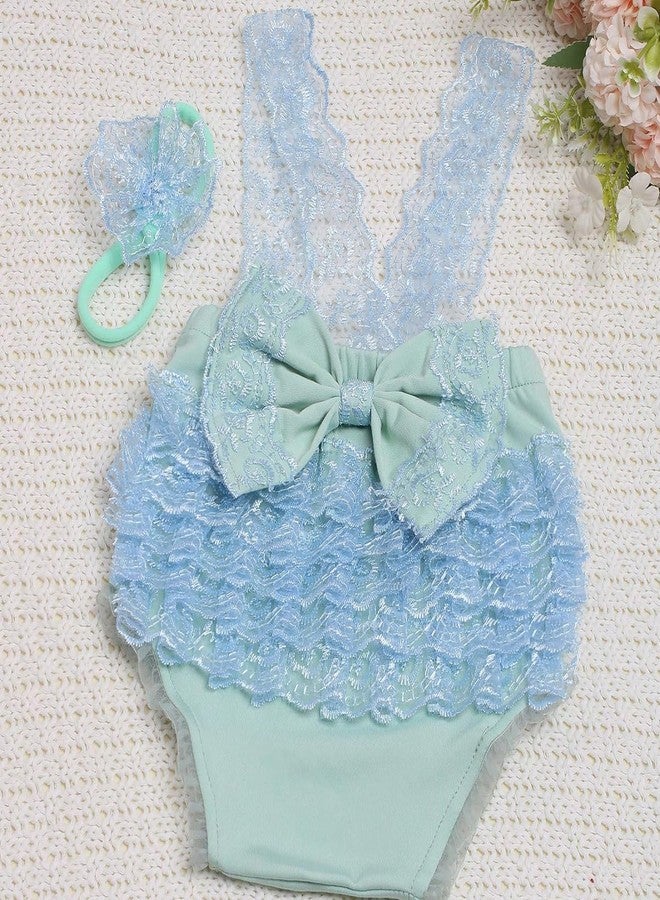 Vomdrok Newborn Photography Outfits Girl Baby Photography Props Lace Romper with Headress Newborn Outfits Girls Photoshoot Props (Light blue) - Image 3