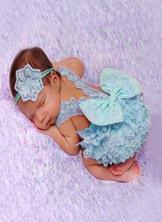 Vomdrok Newborn Photography Outfits Girl Baby Photography Props Lace Romper with Headress Newborn Outfits Girls Photoshoot Props (Light blue) - Image 1