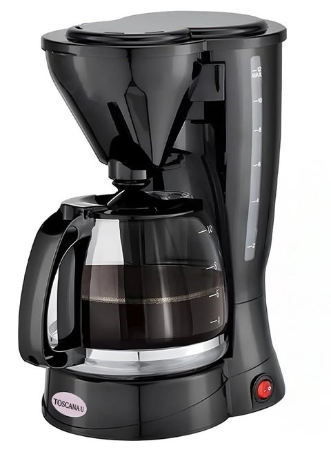 650-watt coffee maker for preparing 6 cups, with a removable and reusable filter, with an automatic shut-off feature and anti-drip, heat-resistant glass jug