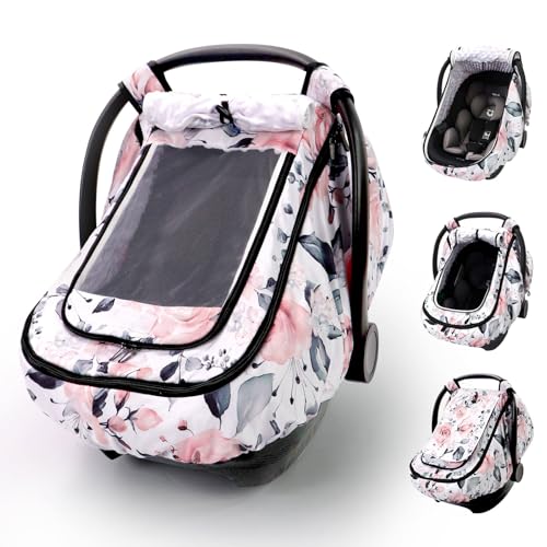 Sweetwavet Car Seat Cover Baby Girls Infant Car Seat Canopy Outdoor 2 Layers with Mesh and Sun Shade Window for Summer Winter Easy Access Carseat Covers Snug Fit Baby Stroller Pink Floral - Image 1