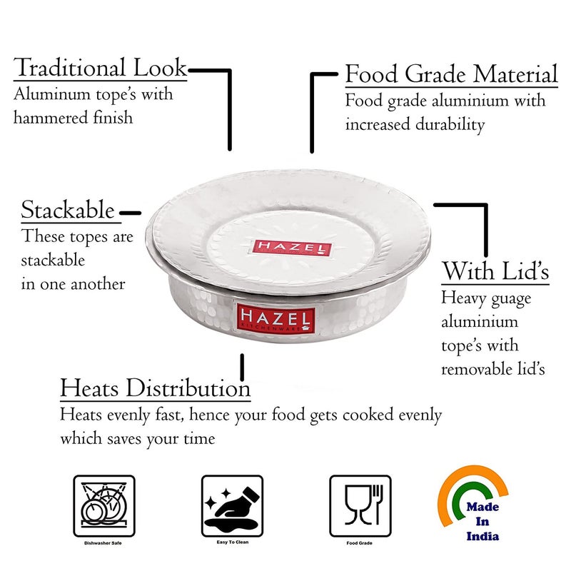 Hazel وعاء هازيل من الألمنيوم مع غطاء بتشطيب مطروق قاع دائري للأواني الغليان، مجموعة من 2، 1700 مل، 2700 مل - Image 3