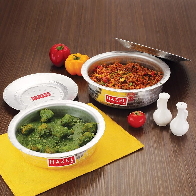 Hazel وعاء هازيل من الألمنيوم مع غطاء بتشطيب مطروق قاع دائري للأواني الغليان، مجموعة من 2، 1700 مل، 2700 مل - Image 2