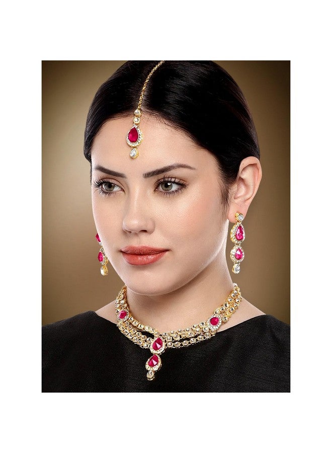 Peora Gold Plated Traditional Rani Pink Kundan Necklace Earring Maang Tikka Jewellery Set for Women - Image 2