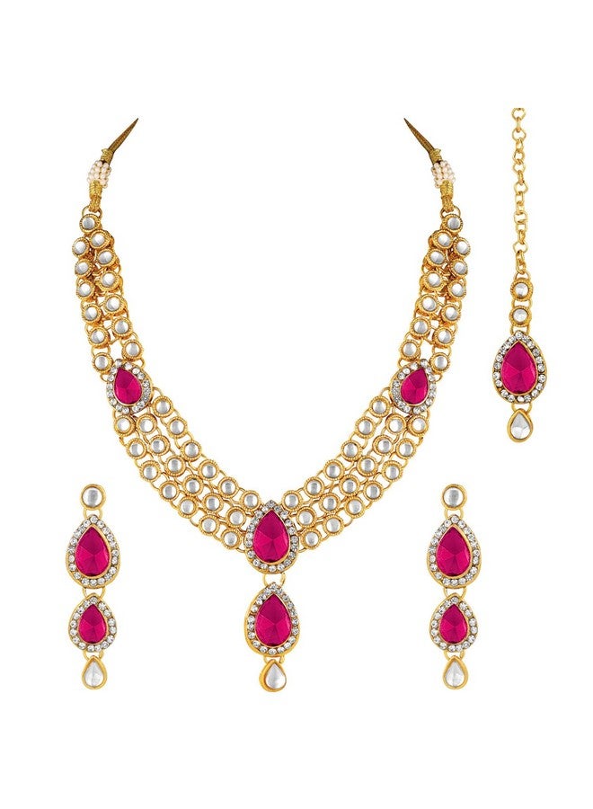 Peora Gold Plated Traditional Rani Pink Kundan Necklace Earring Maang Tikka Jewellery Set for Women - Image 1
