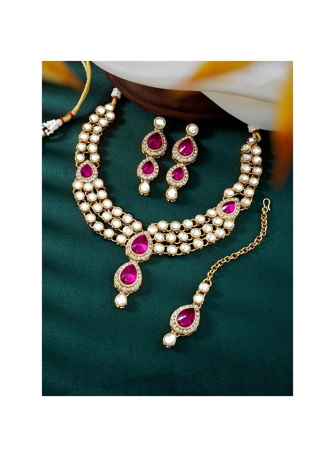 Peora Gold Plated Traditional Rani Pink Kundan Necklace Earring Maang Tikka Jewellery Set for Women - Image 3