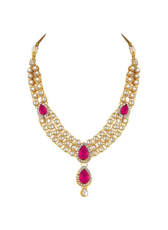 Peora Gold Plated Traditional Rani Pink Kundan Necklace Earring Maang Tikka Jewellery Set for Women - Image 5
